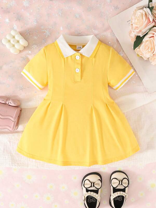 Souflis Souflis 1pc Baby Girl Pink Casual Dress, Ribbed Collar & Cuffs, Suitable For Lounging, Outings, Sports, And Parties