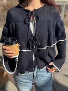 FRIFUL 女士撞色系带荷叶边宽松休闲百搭春季开衫 - 寶藍色 - 查看 7