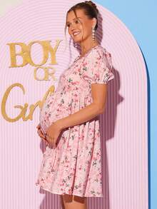 Loomaby Vestido Elegante de Manga Bufante com Estampa Floral Miúda para Gestantes, Verão - Multicolorido - Visão 12