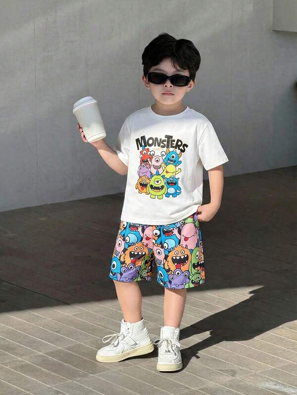 SHEIN 2pcs Kids Boys Casual Solid Color Loose Fit Crew Neck Short Sleeve Knit T-Shirt And Loose Fit Woven Shorts Set, Coconut Tree Print, Suitable For School, Garden, Beach, Birthday, Spring, Summer, Fall, Winter Summer Y2k Vacation Goth Gothic Streetwear Sumwon Burgundy Holiday Vintage Boho Festival Gras Party Cute Birthday Boys Modest Home Casual Cozy