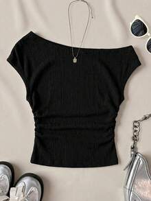 Áo thun cổ lệch màu trơn, kiểu dáng thường ngày cho nữ tuổi teen, thích hợp mặc mùa hè. - màu đen - Xem 7