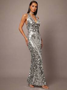 Silquee Đầm ôm sát đính sequin cổ khoét sâu hở lưng thanh lịch dành cho nữ dự tiệc - Bạc - Xem 4