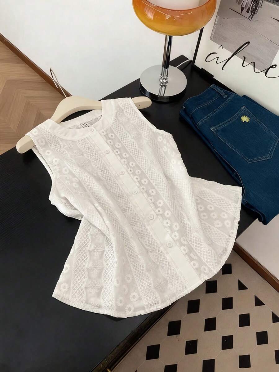 GlowEve Women's Casual Sleeveless Embroidered Blouse, Summer - White - View 1