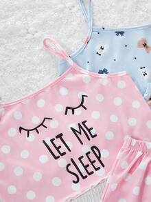 3件套女童休闲可爱卡通爱心、蝴蝶结、樱桃印花背心短裤睡衣套装，夏季 - 彩色 - 查看 4