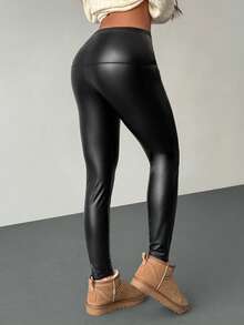 SHEIN PETITE 秋/夏新款简约优雅日常通勤休闲时尚百搭春夏百搭束腰拉链提臀黑色中腰PU皮绒修身裤，适合春夏、机场、教师、办公室等场合穿着。 - 黑色 - 查看 3