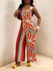 BamGleam Women's Red Orange Plant Print Wide Leg Casual Jumpsuit,Boho Summer Vacation Outfits,Holiday Spring Break Clothing,Beach Outfits For Women - Multicolor - View 3