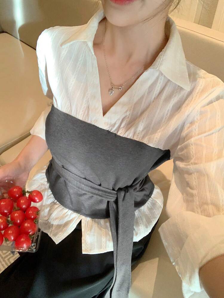 Women's 2 In 1 Tie Collar Long Sleeve Elegant Formal Blouse, Spring/Autumn