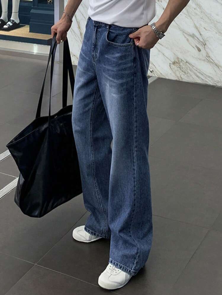 Men's Washed Vintage Blue Long Denim Jeans, Spring