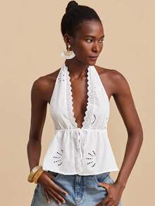 Travachic 2026 New Spring/Summer Sleeveless Lace Trim Embroidered Halter Neck Fitted Blouse, Suitable For Vacation/Casual/Date/Beach/Travel - White - View 5