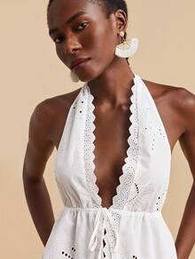 Travachic 2026 New Spring/Summer Sleeveless Lace Trim Embroidered Halter Neck Fitted Blouse, Suitable For Vacation/Casual/Date/Beach/Travel - White - View 7