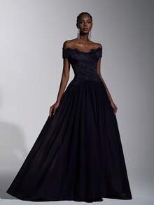 Elitara Elegant Luxury Textured Off-Shoulder Lash Lace Trim Ruched Maxi A-Line Dress, Evening Gown, Lightweight Mesh Dress, Valentine's Day - Navy Blue - View 7