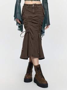 ROMWE Fairycore Chân váy denim màu nâu dáng đuôi cá, cạp siêu trễ, kiểu nàng tiên Mori cổ điển dành cho nữ, có túi hộp. - màu nâu - Xem 7