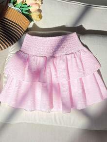 SHEIN 少女腰部收褶条纹A字裙，粉色和白色 - 粉色 - 查看 2