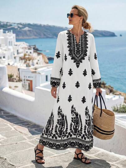 SHEIN Holidaya V-Neck Puff Sleeve Floral Print Swing Dress For Women, Vacation Boho Dress Women Women Vacation Dress Long Sleeve Summer Dress Mediterranean Style Dress