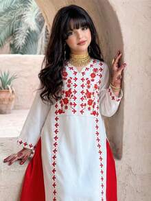 SHEIN Rochie preadolescentă cu imprimeu în blocuri de culori și mânecă lungă, linie A - roșu - Vizualizare 4