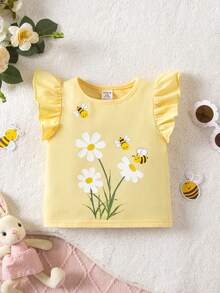 Babygirl Cute Floral Print Cap Sleeve Casual Top, Summer - Yellow - View 4