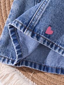 SHEIN Baby Girl Cute Pink Ribbon Bow Denim Dress,Kid Girls Spring And Summer Casual Vacation Country Boho Wear, Beach Outfits For Kid Girls, Spring Break Outfits,Rave Outfits Festival Denim Dress,Cute Vacation Print Dress - Light Wash - View 8