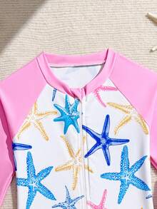 1件女婴可爱鲸鱼印花长袖连体泳衣，紫色，适合夏季和度假穿着 - 彩色 - 查看 5