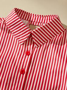 Anewsta Girls' Casual Loose Fit Single-Breasted Shirt With Bow Tie, Red Striped Long Sleeve Blouse - Red - View 9