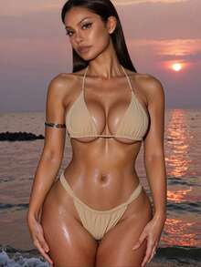 Swim SXY Summer Beach Mono Bikini Set Halter Micro Triangle Bra Top & Thong 2 Piece Bathing Suit - Khaki - View 3