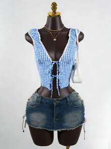 SaltGleam SaltGleam Áo kiểu ren kẻ caro buộc dây gợi cảm, thanh lịch - Màu xanh lam - Xem 1