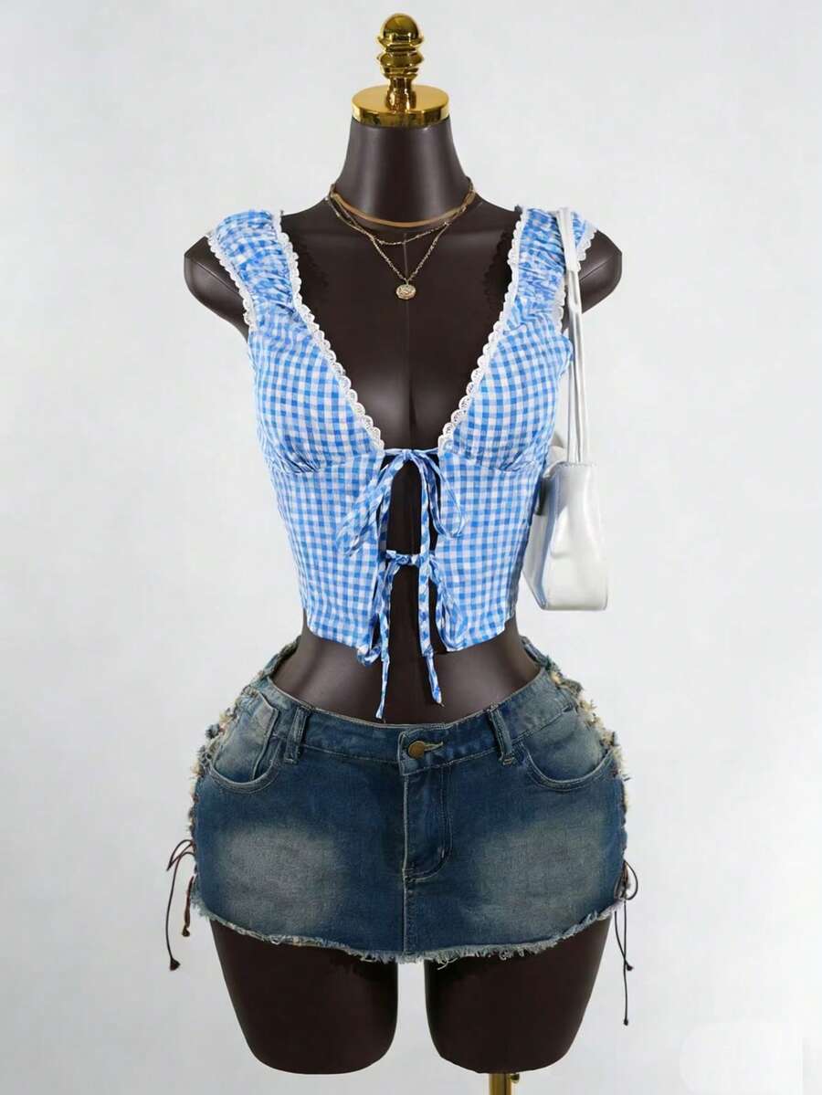 SaltGleam SaltGleam Áo kiểu ren kẻ caro buộc dây gợi cảm, thanh lịch - Màu xanh lam - Xem 1