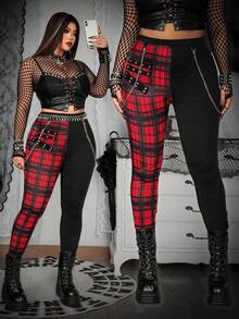 Whyspr Plus Size Punk Plaid Patchwork Eyelet Lace-Up Leggings, Spring/Summer - Multicolor - View 1