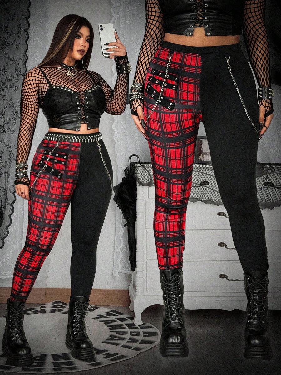Whyspr Plus Size Punk Plaid Patchwork Eyelet Lace-Up Leggings, Spring/Summer - Multicolor - View 1