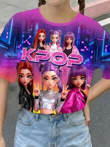 Áo thun ngắn tay cổ tròn, kiểu dáng thường ngày, màu neon rực rỡ, in hình hoạt hình cô gái K-POP ( ) dành cho bé gái tuổi teen, thích hợp mặc hàng ngày vào mùa xuân/hè, đi chơi, đi học, đi nghỉ mát. - Nhiều màu - Xem 6