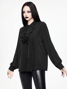 ROMWE Áo sơ mi nữ cổ bèo kiểu Gothic cổ điển cài cúc phía trước, mùa thu - màu đen - Xem 5