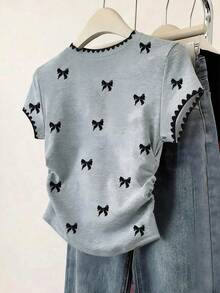 Resyla 女士休闲户外图案T恤，新款夏季设计，饰有蝴蝶结和牙齿刺绣，适合户外活动、节日、约会、运动风、返校季和教师节穿着。 - 灰色 - 查看 2