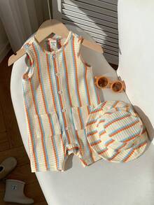 SHEIN 2件套新生儿男女宝宝休闲可爱条纹华夫格无袖连体衣和遮阳帽套装，春夏款 - 杏色 - 查看 4