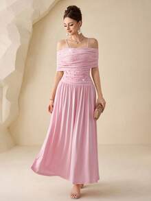 Modelyn 女士高端褶皱露肩粉色连衣裙，小众串珠腰部优雅长裙 - 粉色 - 查看 5