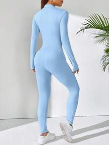 SHEIN PETITE 女款素色長袖拉鍊立領連身褲，適合嬌小女性 - 淺藍色 - 查看 2