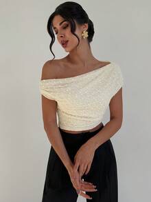 Firerie Top elegante de manga corta con cuello asimétrico y fruncido de unicolor para mujer - Albaricoque - Ver 6