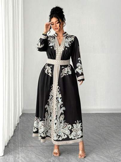 Elenzga Fashionable Casual French Retro Elegant Stand Collar Waist Cinched Floral Print Dress