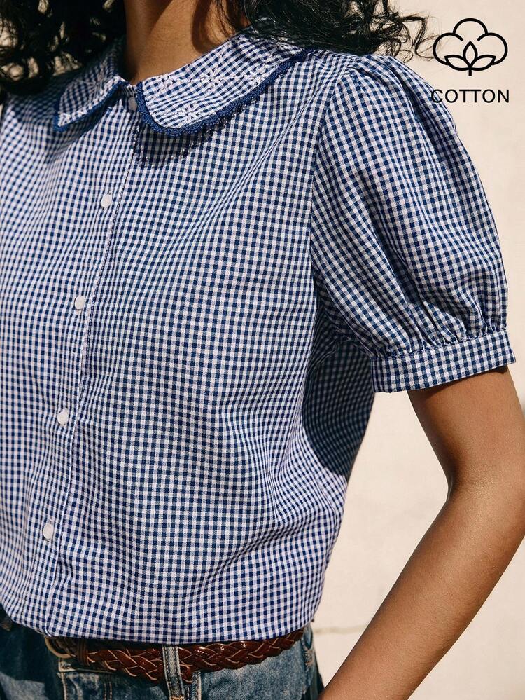 Poéselle Women's Cotton Gingham Peter Pan Collar Blouse – Puff-Sleeve Button-Down Summer Shirt In Vintage Blue Checks Gingham Blouse, Peter Pan Collar Top, Puff Sleeve Shirt, Blue Checkered Shirt, Cottagecore Fashion, Vintage Summer Blouse, Retro Picnic Outfit, Girly Aesthetic Casual Peter Pan Collar Button Front Plaid Short Sleeve Shirt, Summer Outfits Spring Outfit Women  Vacation Outfits - Royal Blue - View 5
