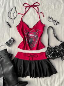 Attitoon Bộ đồ 2 mảnh dành cho nữ, phong cách retro Y2K Bohemian Hippie Punk dành cho lễ hội âm nhạc, áo hai dây và chân váy ngắn. - Nhiều màu - Xem 10