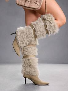 CUCCOO SZL Women's Pointed Toe Faux Fur Patchwork Knee-High Heeled Boots Valentine's Day - Khaki - View 9