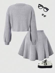 少女粉色宽松泡泡袖上衣和裙子套装，时尚百搭，适合秋冬季返校穿着 - 淺灰色 - 查看 2