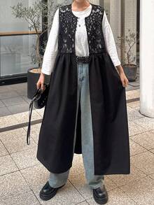 FRIFUL Women's Solid Color Layered Sheer Lace Patchwork Loose Casual Robe, Versatile Spring Outfit Sundress - Black - View 6