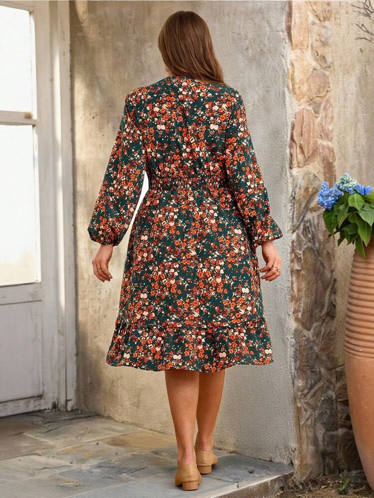 Plus Size Women V-Neck Long Sleeve Casual Dress, Autumn/Flower/Summer/Spring/Vacation
