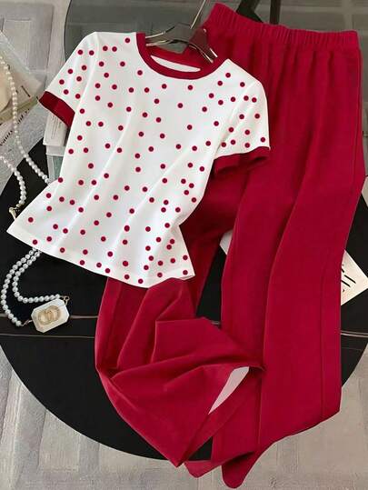 Franclia 2 piezas Conjunto de camiseta de manga corta y pantalones a lunares para mujer