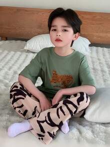Dazy Kids Tween Boy Tiger Print Short Sleeve Top & Full Print Pants Pajama Set - Green - View 1