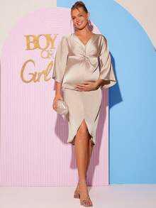 SHEIN Elegant Maternity Dress With Front Twist And Bell Sleeves, Autumn Dress Gender Reveal Dress Maternity Dress Baby Shower Dress - Apricot - View 9