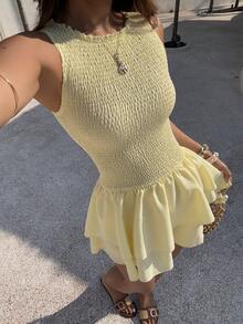 SHEIN SunnyBelle Women's Yellow Cinched Waist A-Line Short Dress, Sweet & Cute Academic Style, Fashionable Casual Vacation Beach Outfit, Daily Wear - Yellow - View 8