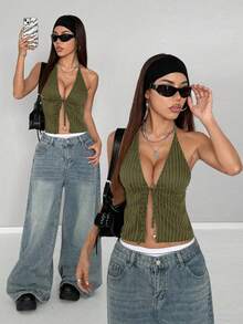 StreetHx Women's Casual Striped Halter Neck Tie-Up Sleeveless Top, Summer - Mint Green - View 1