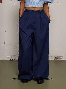 COUREZ 低腰宽松灯笼裤/Y2K风格女式春季外出派对节日黑色性感优雅长裤 - 藏蓝色 - 查看 4