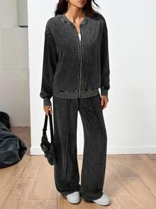 SHEIN Tall Casual Washed Snow Flake Baseball Jacket And Relaxed Fit Pants Set/Summer And Summer Co Ords Sets Women Lounge Wear Track Suits For Women - Black - View 4