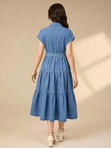 少女蓝色牛仔领层叠蛋糕裙，夏季连衣裙，春季女童连衣裙，优雅派对连衣裙，毕业礼服，度假装 - 淺色水洗藍 - 查看 2